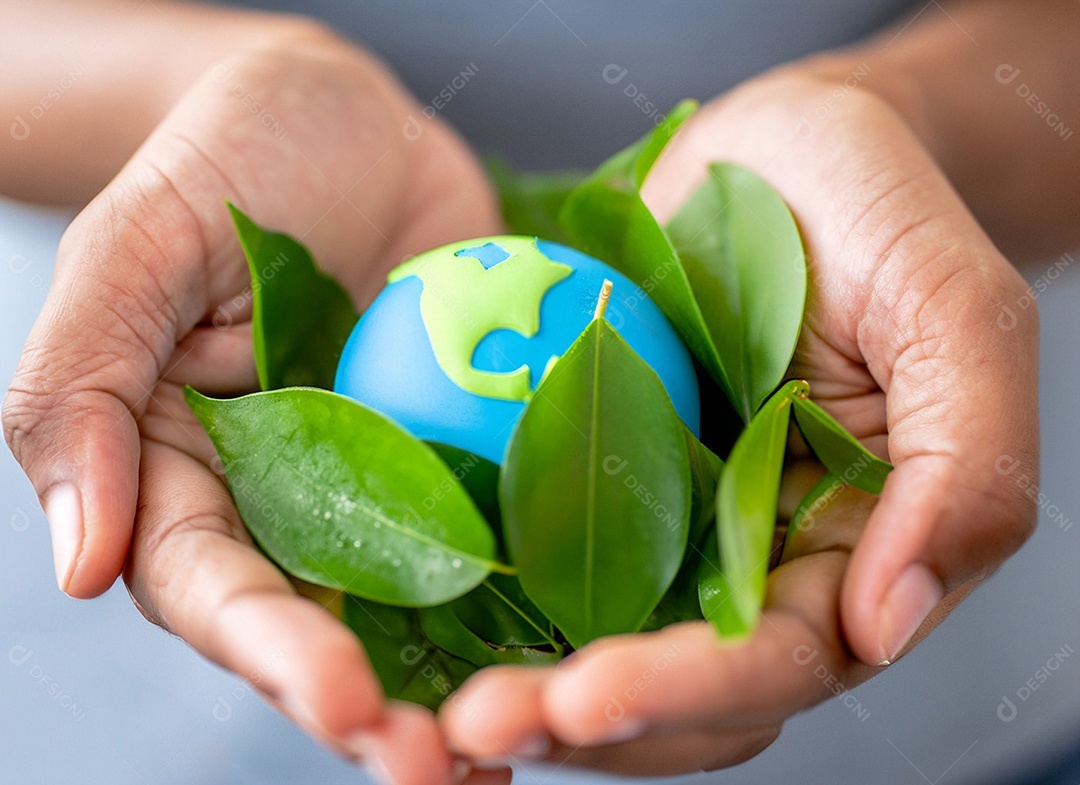 Planeta Terra nas mãos folhas verdes