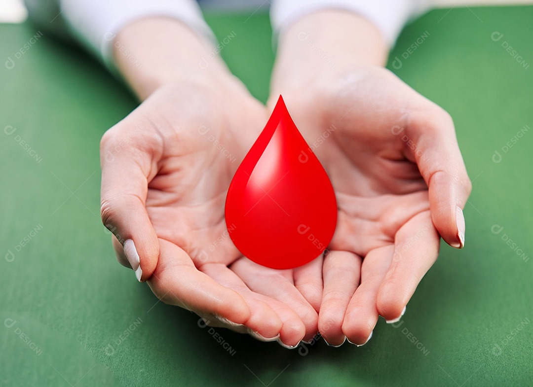 Mãos segurando uma gota vermelha