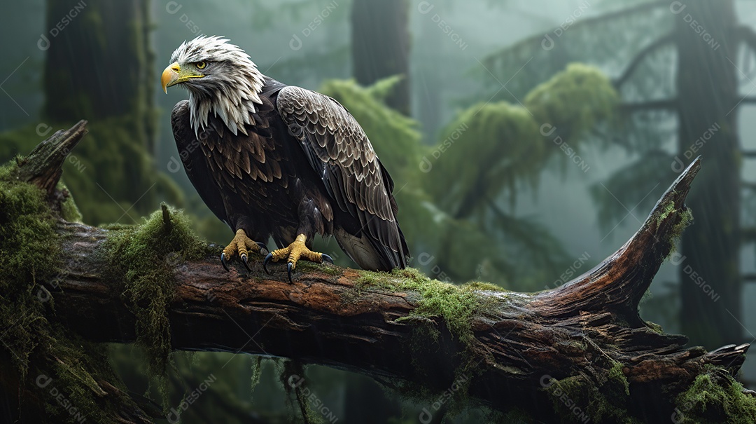 Uma águia careca sentada em um galho de uma árvore na selva profunda.