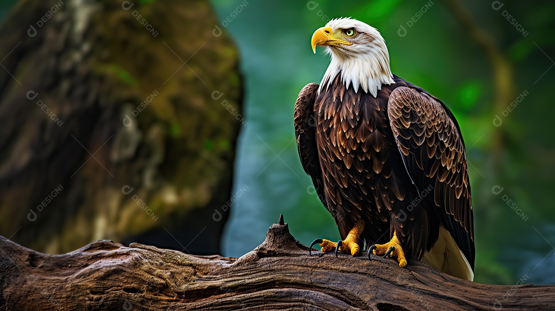 Uma águia careca sentada em um galho de uma árvore na selva profunda.