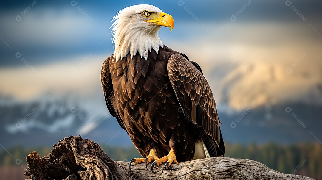 Uma águia careca sentada em um galho de uma árvore na selva profunda.
