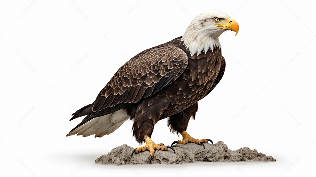 Uma águia careca descansando em solo isolado em fundo branco