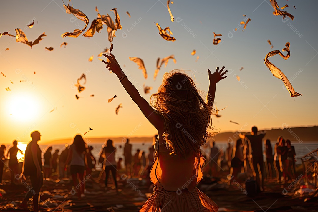 Alegria à beira-mar: gente comemorando com risadas, abraços e pipas coloridas.