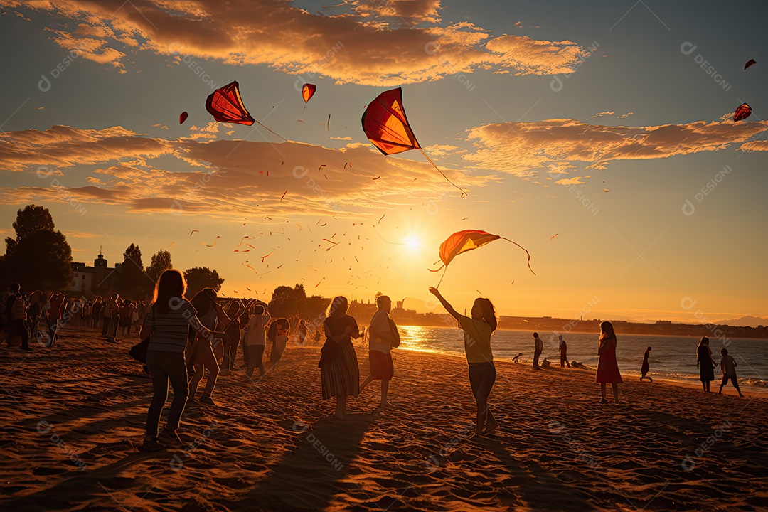 Alegria à beira-mar: gente comemorando com risadas, abraços e pipas coloridas.