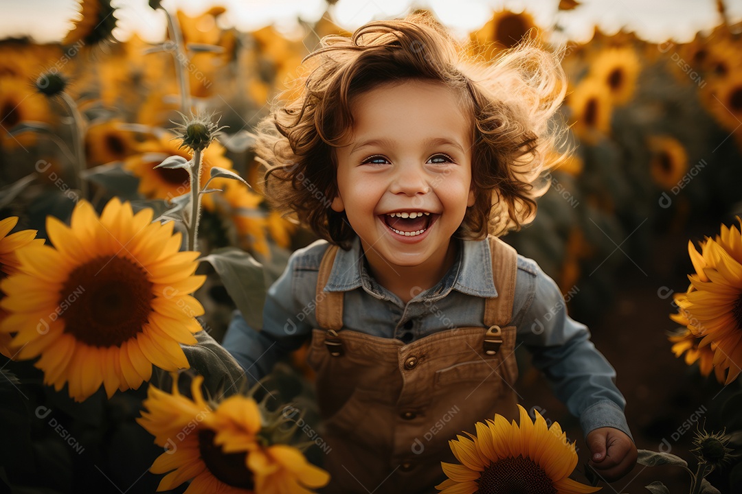 Criança feliz dançando em meio a girassóis dourados.