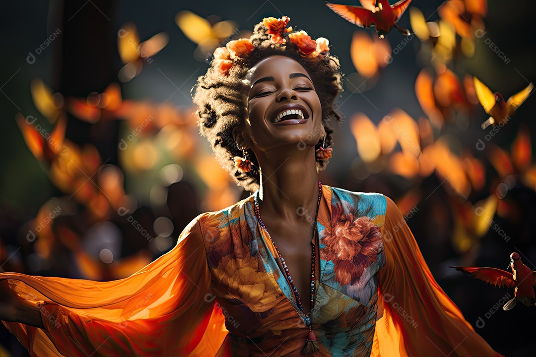 Serena pessoa em meio a borboletas, irradiando felicidade.