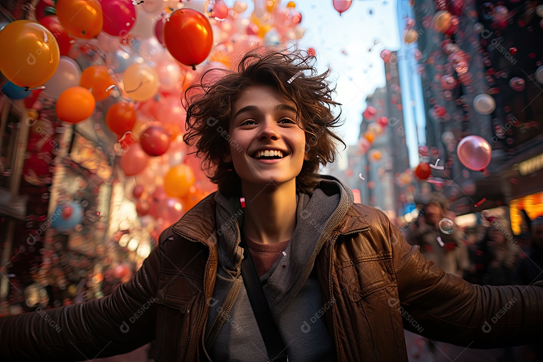 Pessoa eufórica em meio a balões coloridos e confetes.