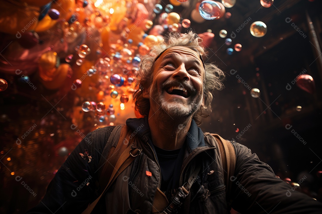 Pessoa eufórica em meio a balões coloridos e confetes.