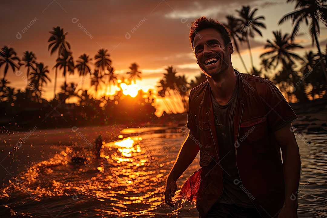 Pessoa radiante corre descalça na praia ao pôr do sol.
