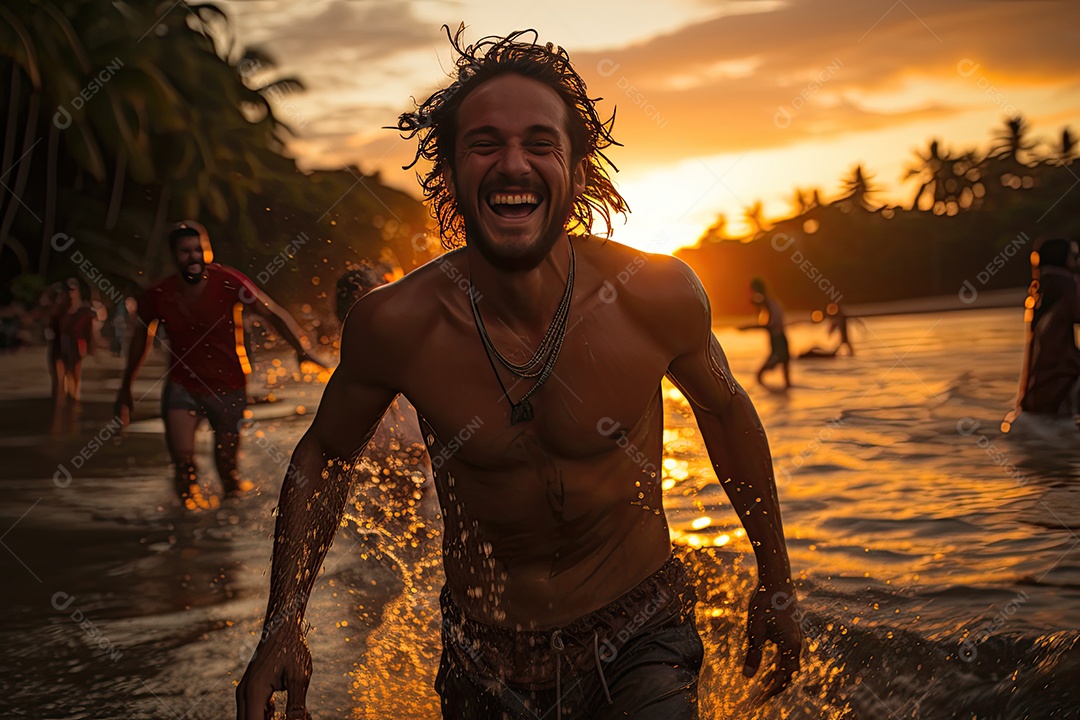 Pessoa radiante corre descalça na praia ao pôr do sol.