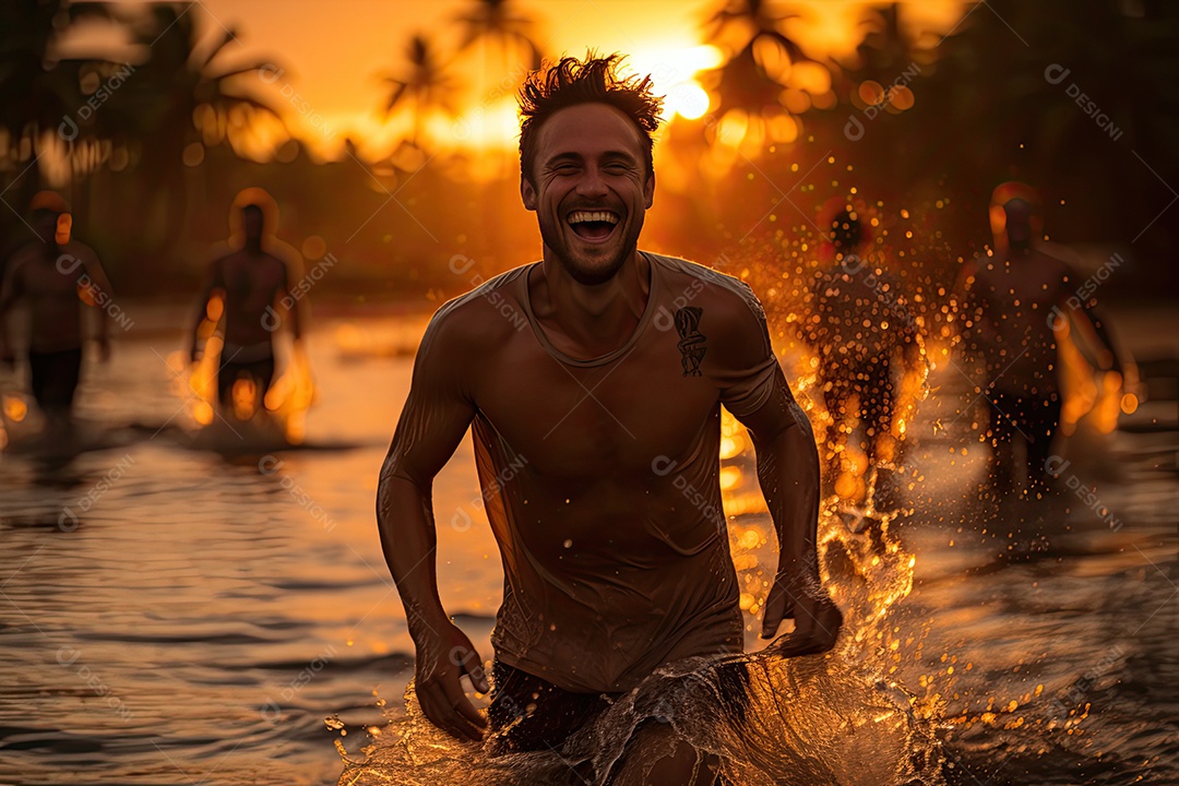 Pessoa radiante corre descalça na praia ao pôr do sol.