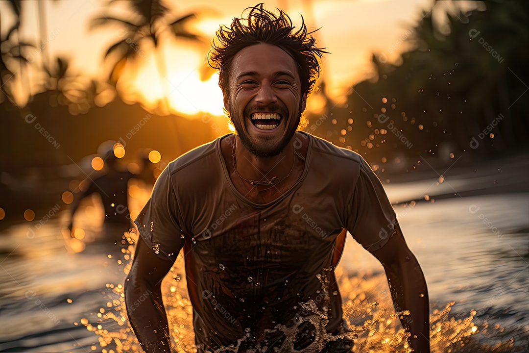 Pessoa radiante corre descalça na praia ao pôr do sol.