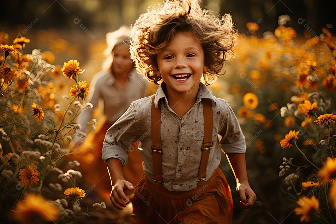 Criança radiante corre em campo de girassóis ao pôr do sol
