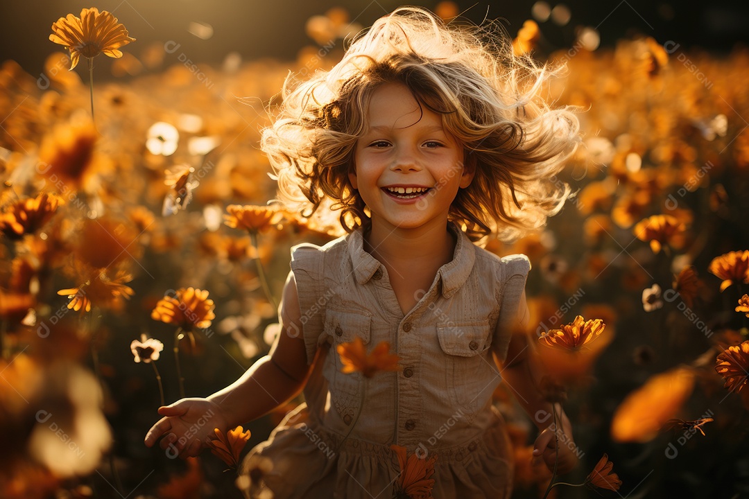 Criança radiante corre em campo de girassóis ao pôr do sol