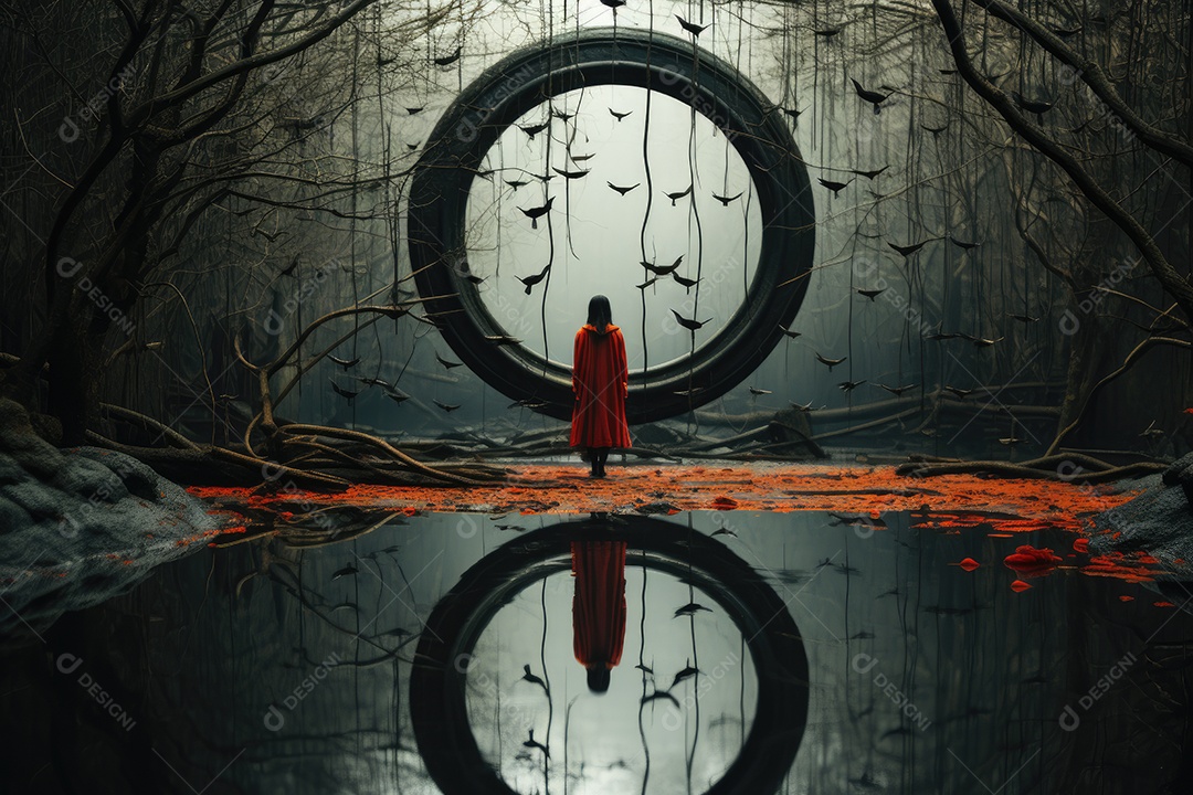 Figura solitária reflete sobre águas enevoadas na floresta.