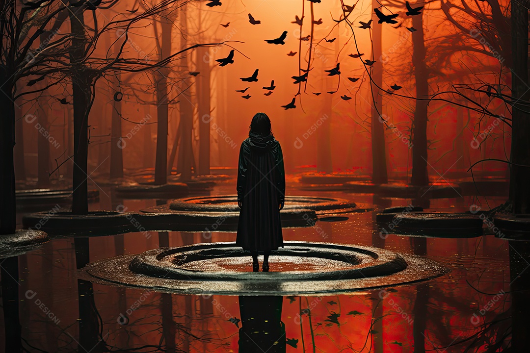 Figura solitária reflete sobre águas enevoadas na floresta.