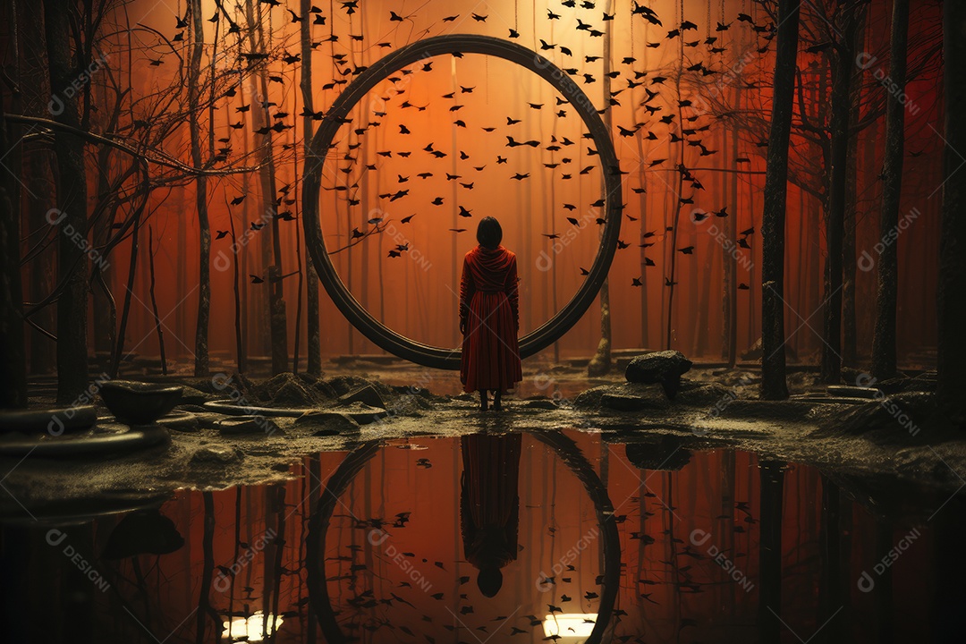 Figura solitária reflete sobre águas enevoadas na floresta.