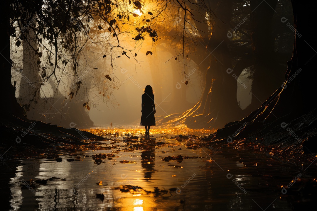 Solidão serenamente expressa em um bosque dourado.