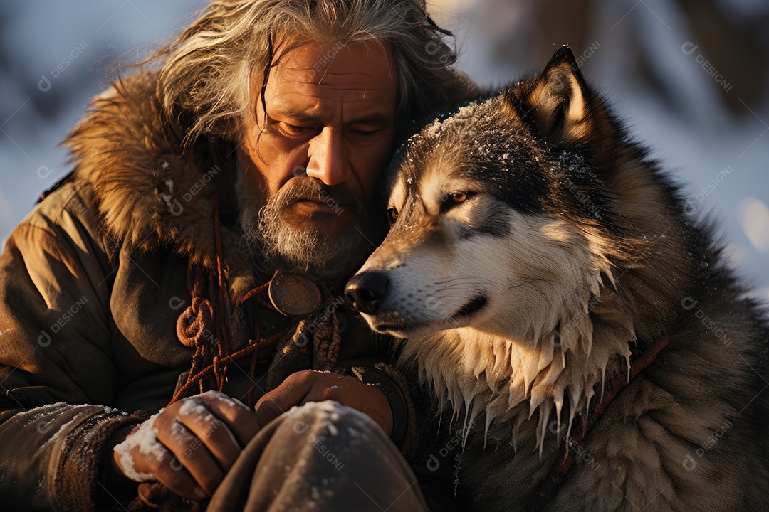 Ancião contempla aurora com lobo, revelando saudade no gelo.