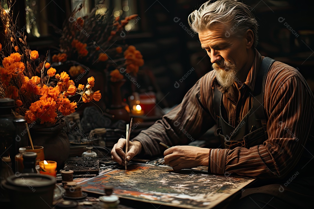 Artista solitário em lágrimas diante da tela vazia, cercado por natureza exuberante.