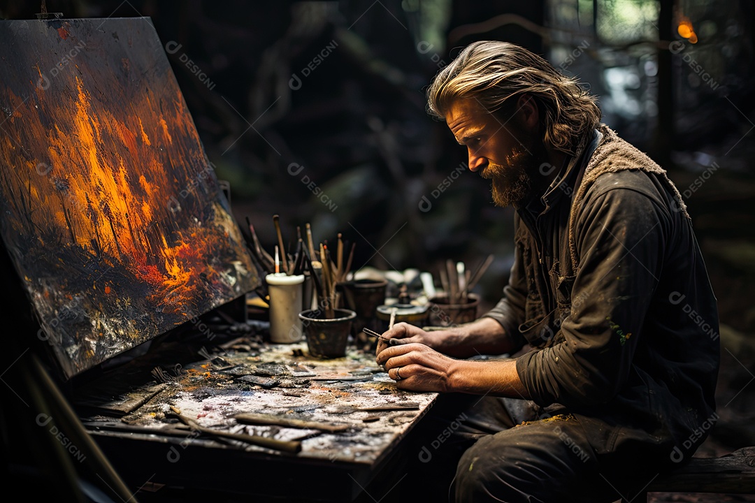 Artista solitário em lágrimas diante da tela vazia, cercado por natureza exuberante.