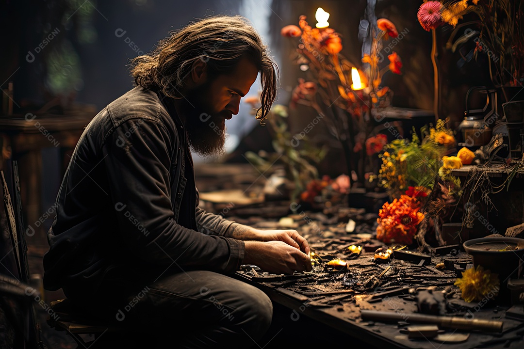 Artista solitário em lágrimas diante da tela vazia, cercado por natureza exuberante.