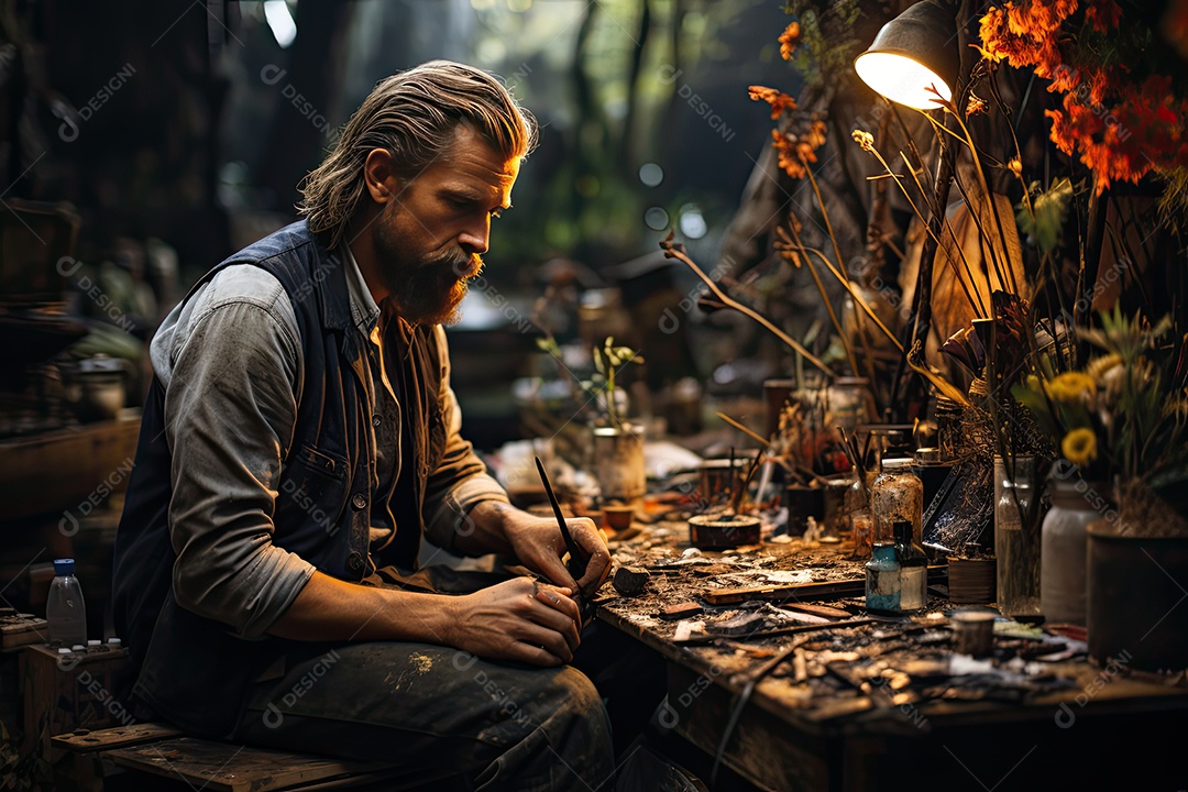 Artista solitário em lágrimas diante da tela vazia, cercado por natureza exuberante.