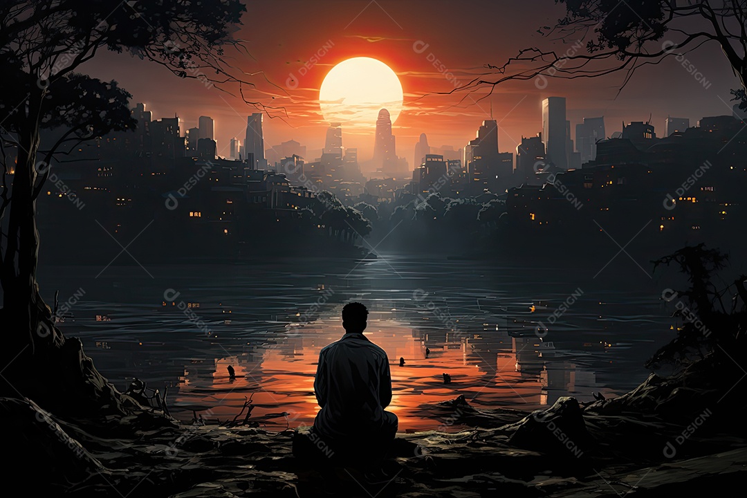 Solitária na cidade, pessoa exibe melancolia e sorriso sutil ao entardecer.