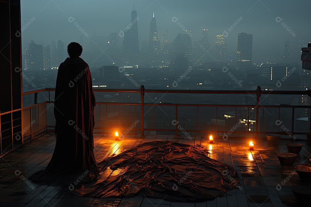 Solitária na cidade, pessoa exibe melancolia e sorriso sutil ao entardecer.