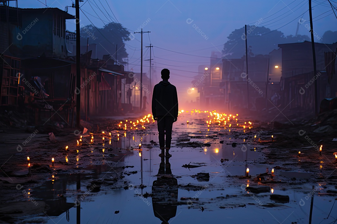 Solitária na cidade, pessoa exibe melancolia e sorriso sutil ao entardecer.