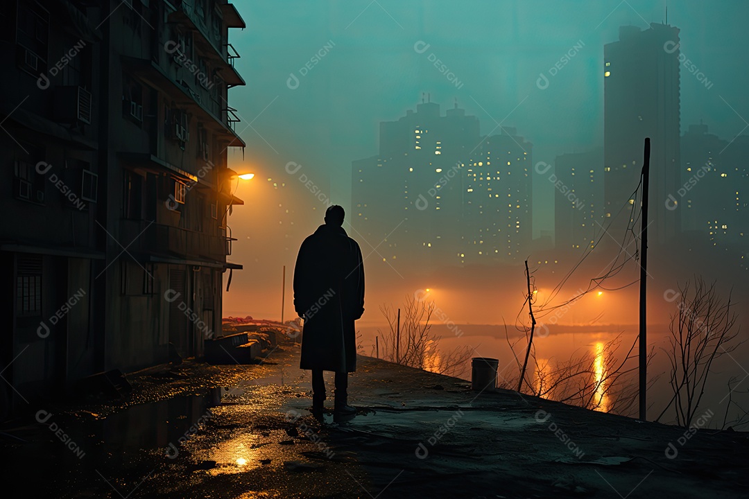 Solitária na cidade, pessoa exibe melancolia e sorriso sutil ao entardecer.