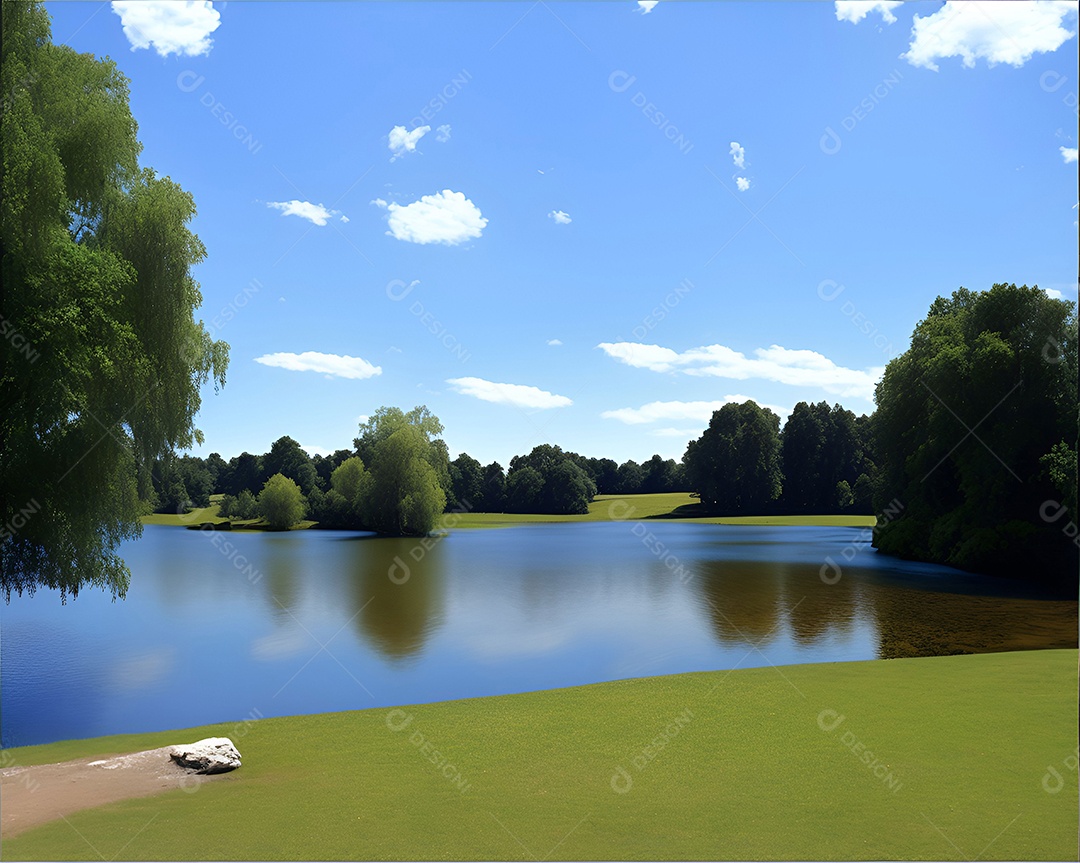 Um lago ao redor de um lindo parque verde com céu azul