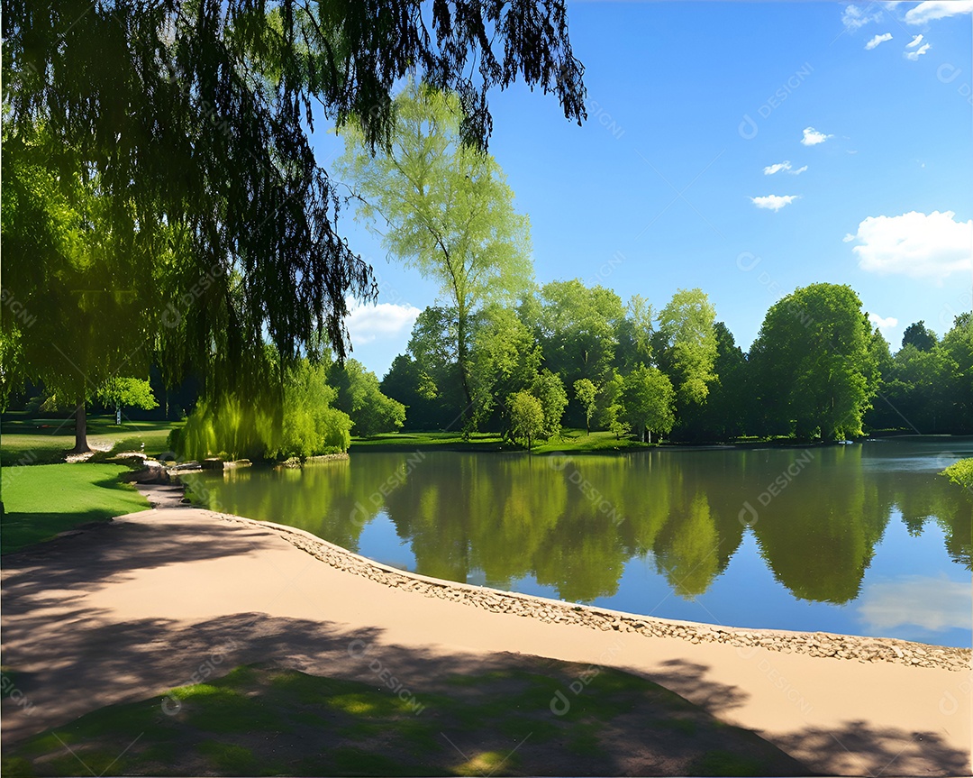 Espaço de laser lindo com lago e muitas árvores