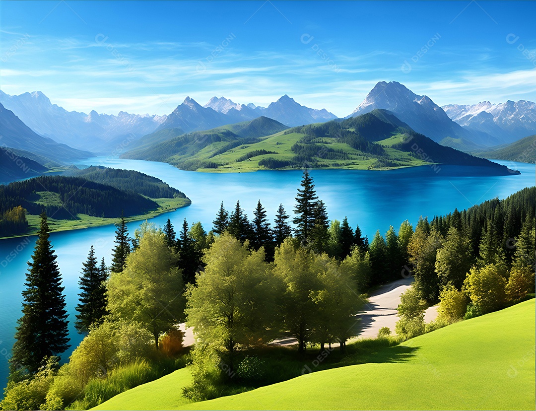 Linda paisagem padrão ao redor do lago e do céu azul