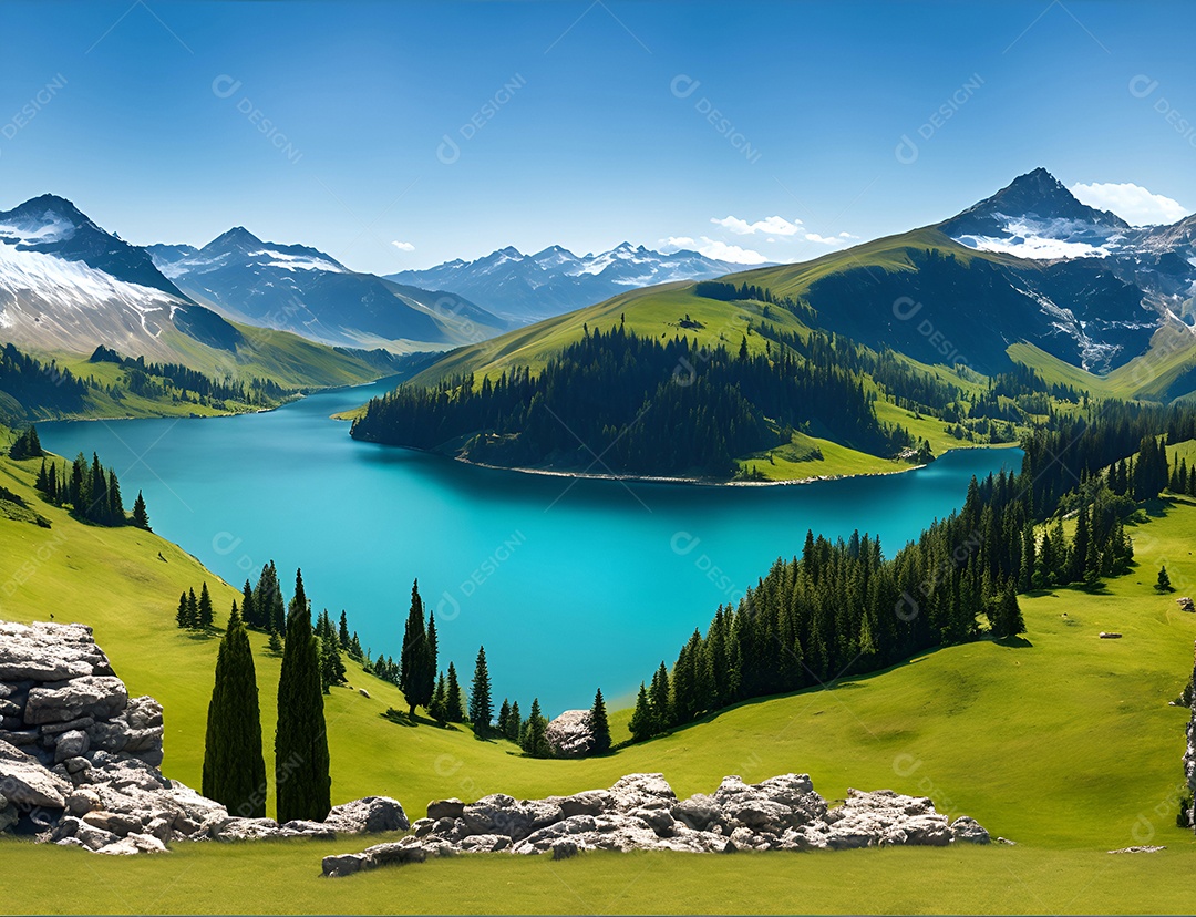 Linda paisagem padrão ao redor do lago e do céu azul