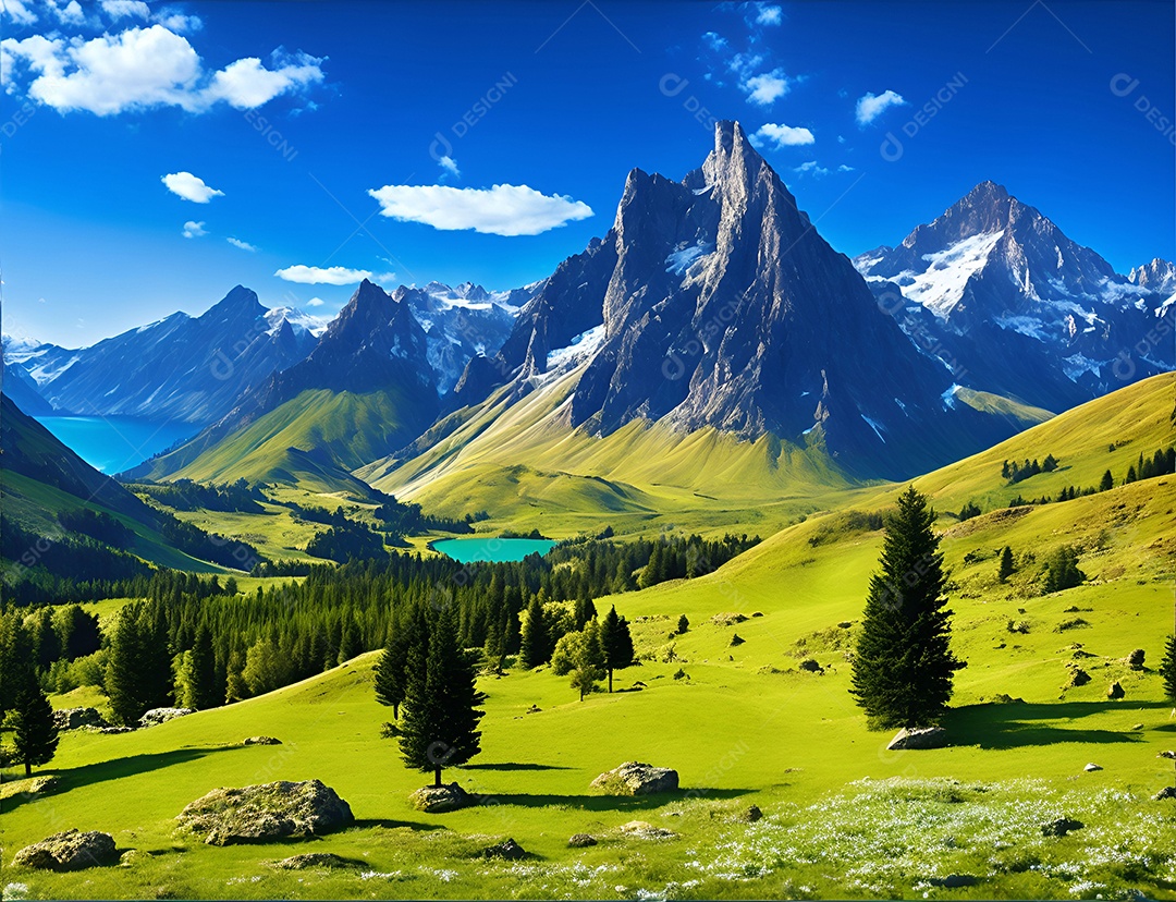 Linda paisagem padrão ao redor do lago e do céu azul