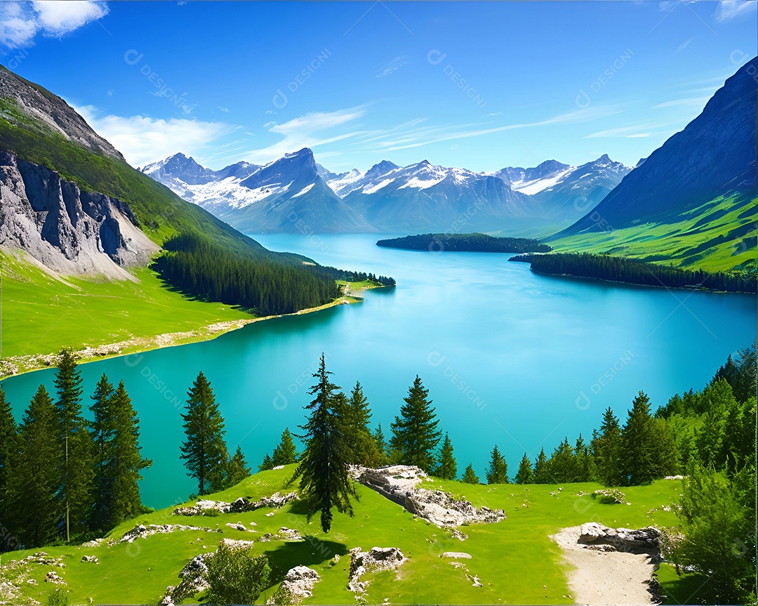 Linda paisagem padrão ao redor do lago e do céu azul