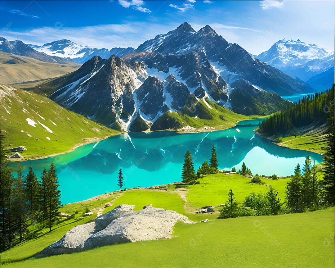 Linda paisagem padrão ao redor do lago e do céu azul