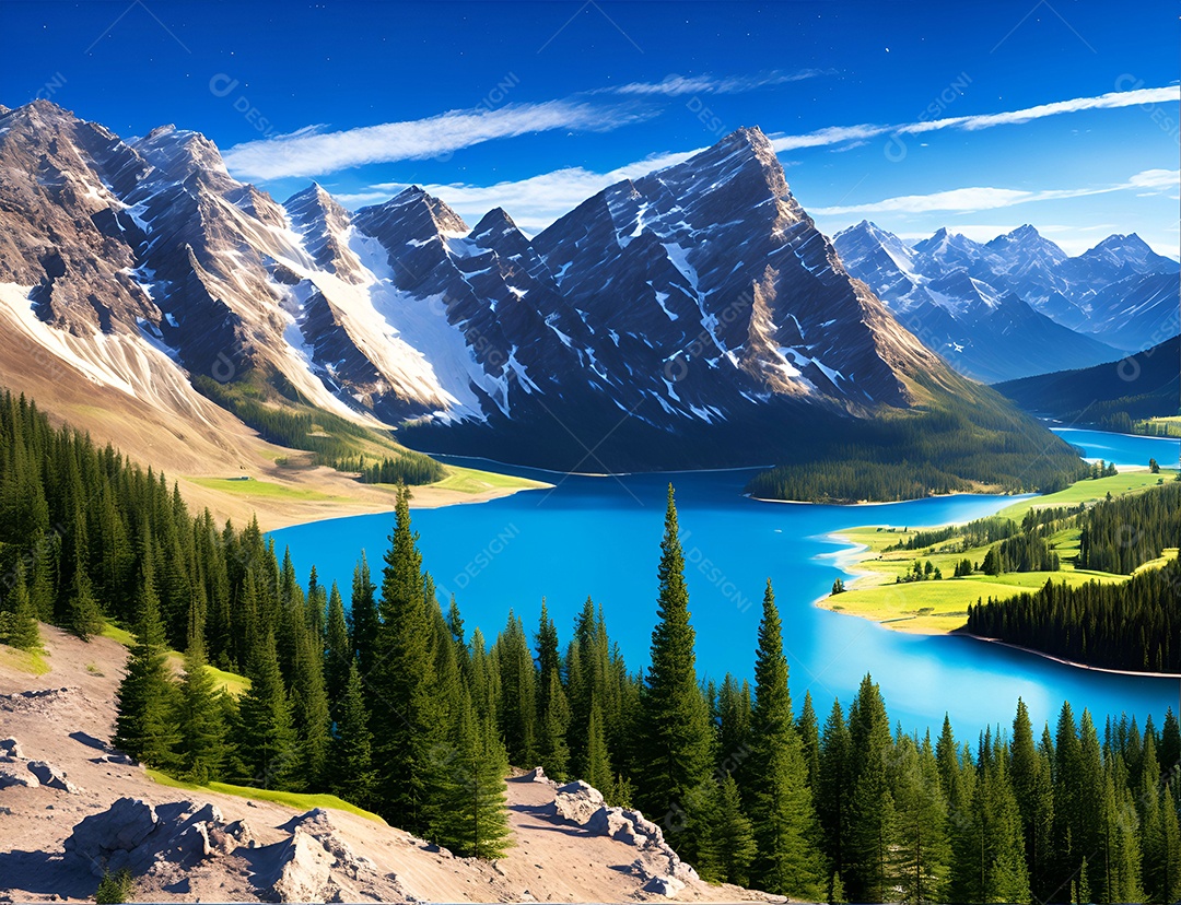 Linda paisagem padrão ao redor do lago e do céu azul