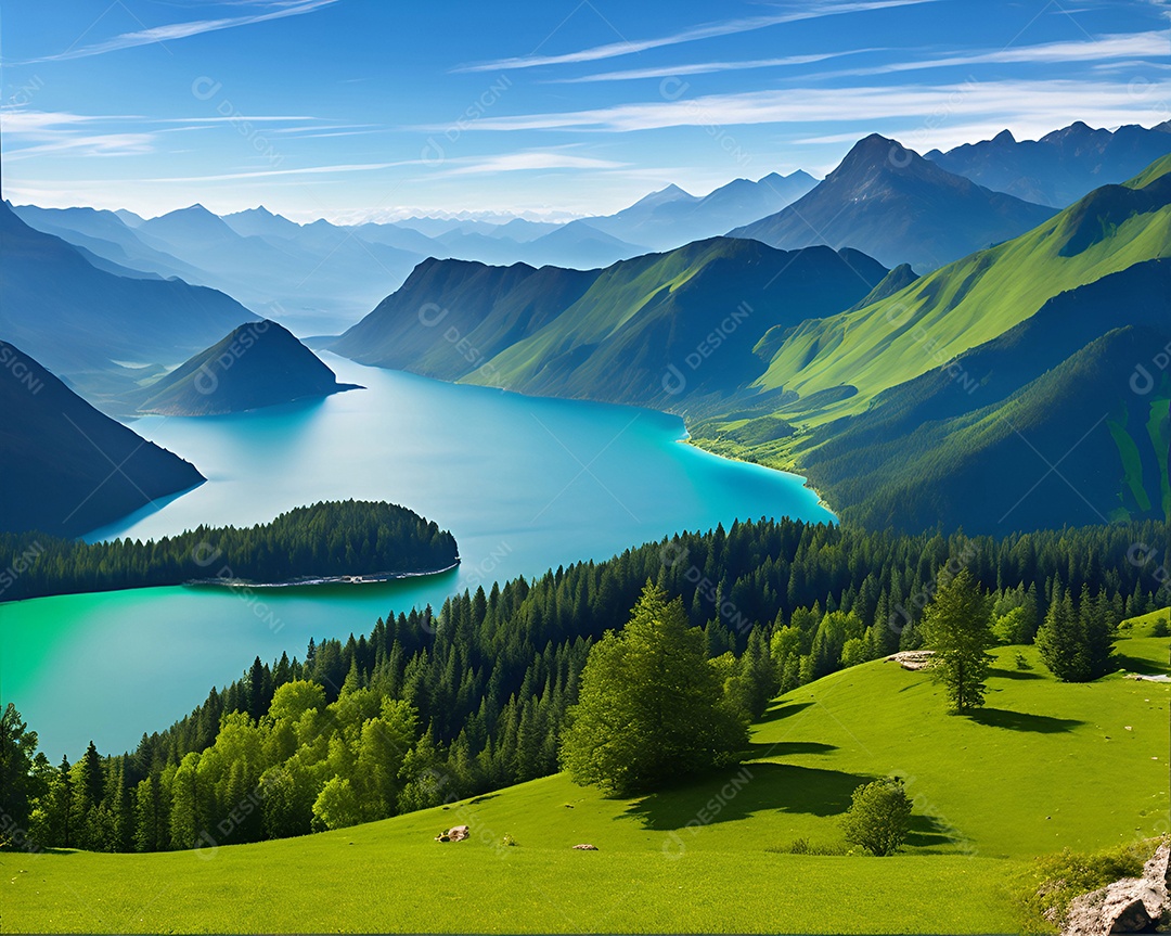 Linda paisagem padrão ao redor do lago e do céu azul