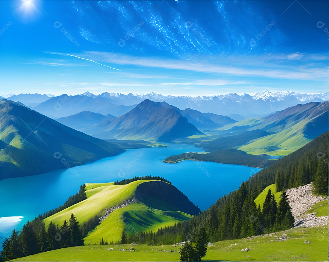 Paisagem padrão de um lago cercado por montanhas