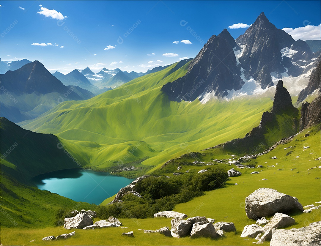 Linda paisagem padrão ao redor do lago e do céu azul