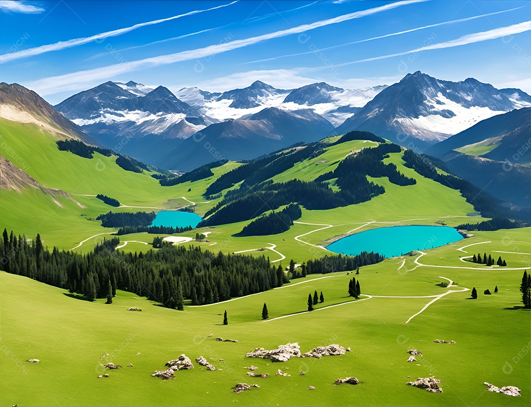 Linda paisagem padrão ao redor do lago e do céu azul