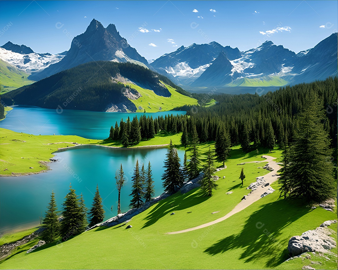 Um lago cercado por montanhas verdes