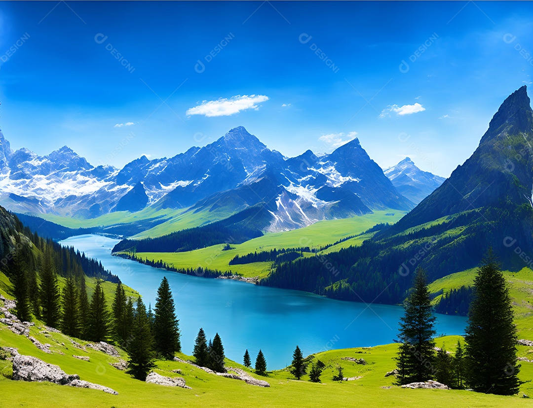 Um lago cercado por montanhas verdes