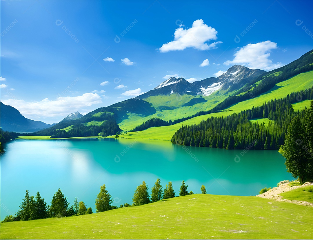 Linda paisagem padrão ao redor do lago e do céu azul