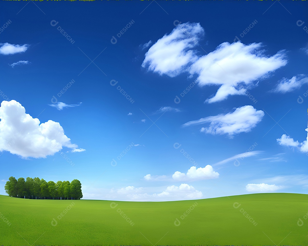 Linda grama verde com árvores e céu distante e nuvens