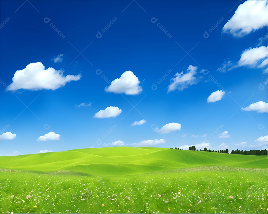 Linda grama verde com árvores e céu distante e nuvens