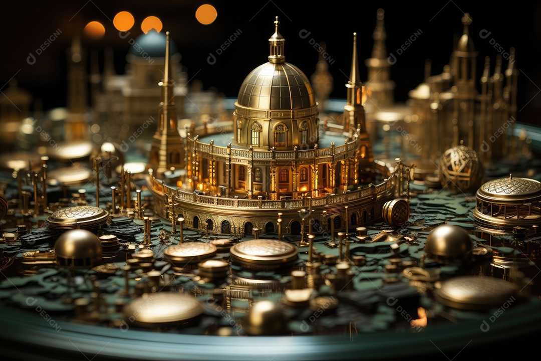 Labirinto cintilante de dinheiro em penumbra dourada.