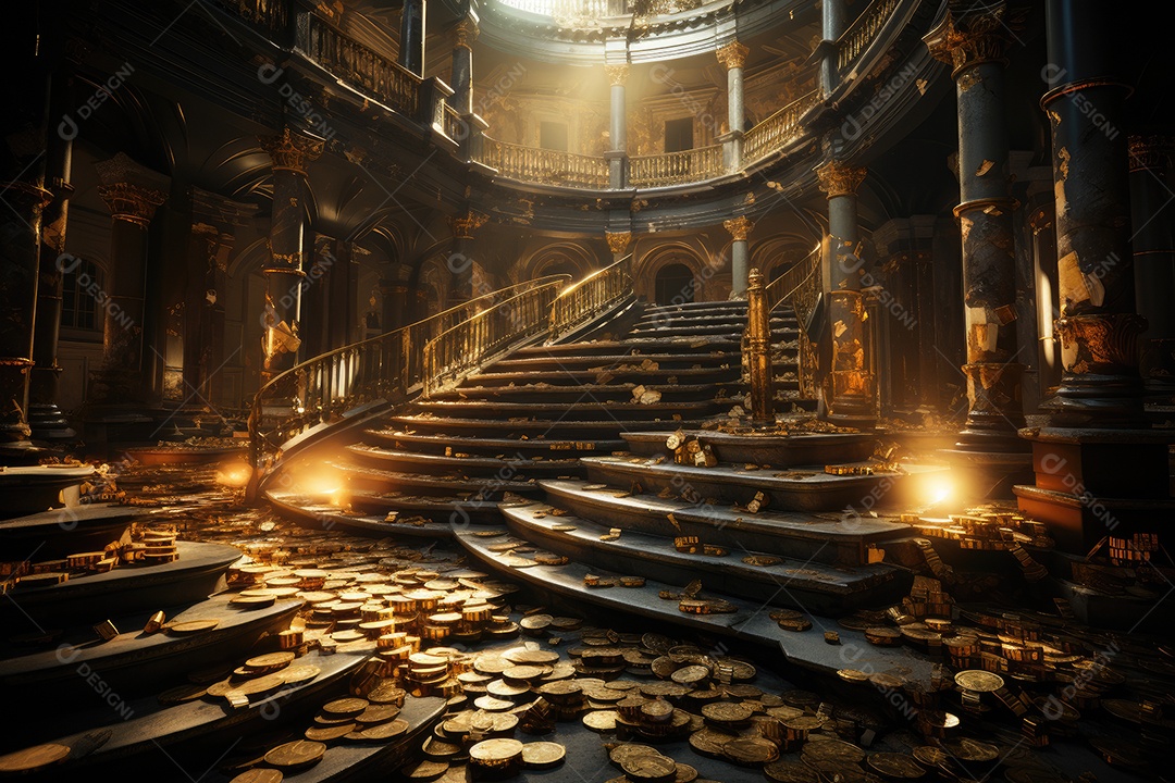Labirinto cintilante de dinheiro em penumbra dourada.